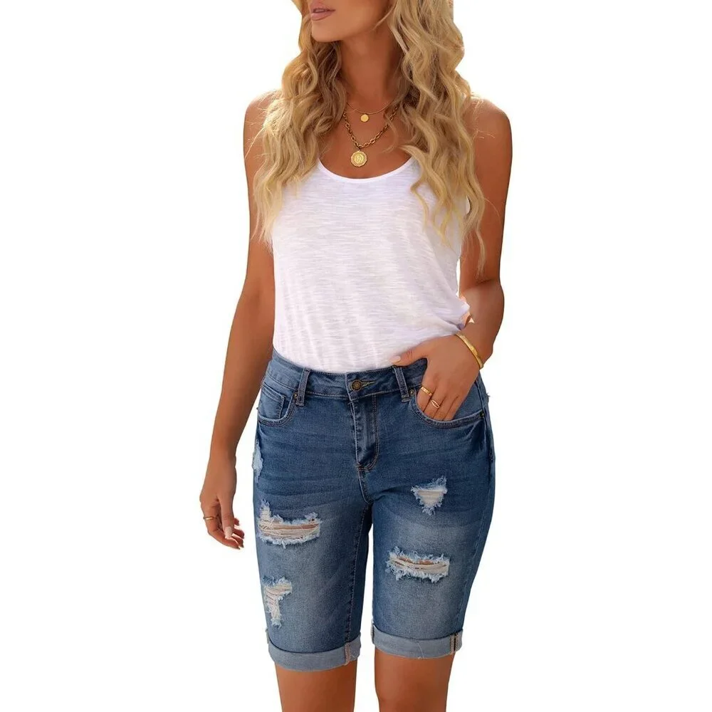 Women High Waisted Ripped Bermuda Shorts Denim 10 Inch Casual Fit